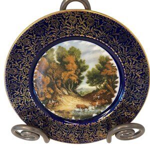 Royal Sutherland Bone China Plate Pastoral Couple Scene Gold Floral‎ Blue Rim
